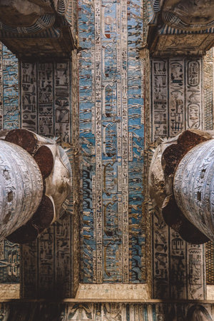 View to an Ancient Egyptian Painted Pillars of the Dendera Temple complex in south-east of Dendera, Egyptのeditorial素材