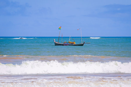 Amazing View to the Sandy Atlantic Coastline of Axim Beach in Ghana, West Africaの写真素材