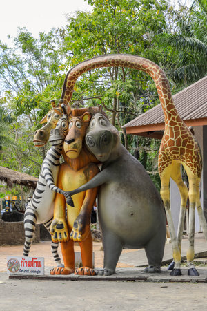 Pattaya, Thailand - June 20, 2022: Madagascar Costumed Characters - Giraffe, Lion, Hippo and Zebra in the Open Zooのeditorial素材