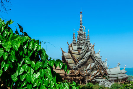 Panoramic View to the Sanctuary of Truth with the Blue Sea background in Pattaya, Thailandの写真素材