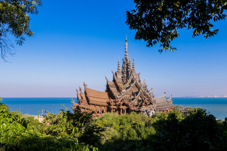 Panoramic View to the Sanctuary of Truth with the Blue Sea background in Pattaya, Thailandの写真素材