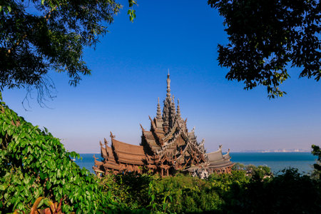 Panoramic View to the Sanctuary of Truth with the Blue Sea background in Pattaya, Thailandの写真素材