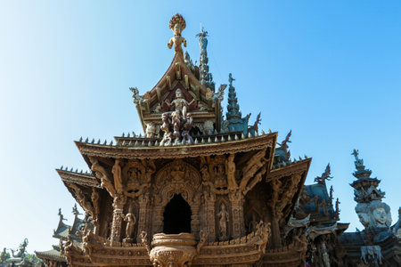 Unique Wooden Roof Details of the Sanctuary of Truth in Pattaya, Thailandの写真素材