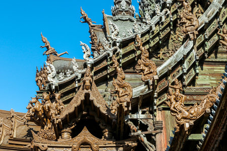 Unique Wooden Roof Details of the Sanctuary of Truth in Pattaya, Thailandの写真素材