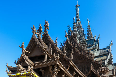 Unique Wooden Roof Details of the Sanctuary of Truth in Pattaya, Thailandの写真素材