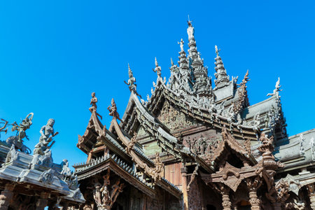 Unique Wooden Roof Details of the Sanctuary of Truth in Pattaya, Thailandの写真素材