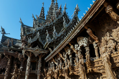 Beautiful Wooden Figures and Statues in the Sanctuary of Truth in Pattaya, Thailandの写真素材