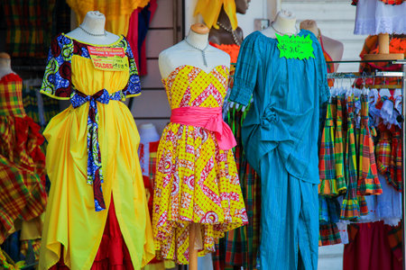 Colorful Traditional and Authentic Dresses on the local Market, Guadeloupeの写真素材