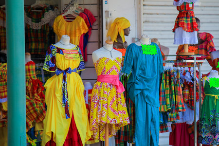 Colorful Traditional and Authentic Dresses on the local Market, Guadeloupeの写真素材