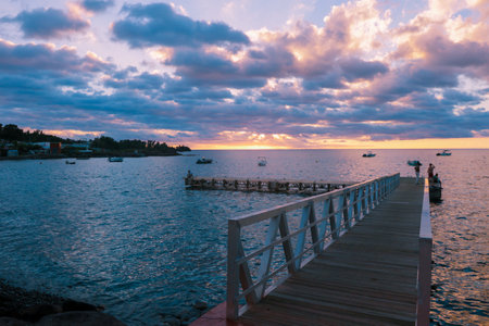 Dramatic View to the Wooden Pier in the Sunset light, Guadeloupeの写真素材