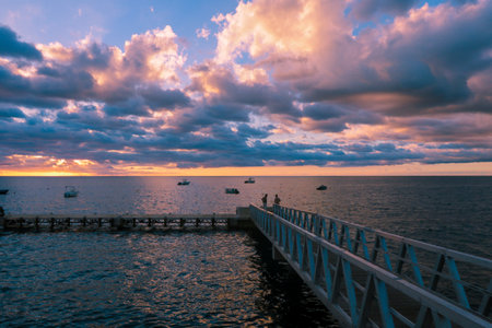 Dramatic View to the Wooden Pier in the Sunset light, Guadeloupeの写真素材