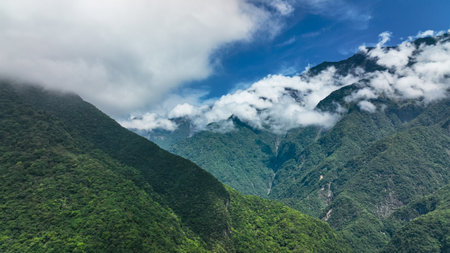Clouds Among the Mountains in Taroko National Park in Hualien, Taiwanの写真素材