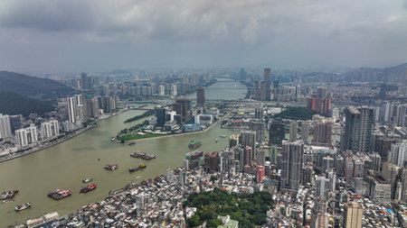 Aerial View of City With River Running Throughの写真素材