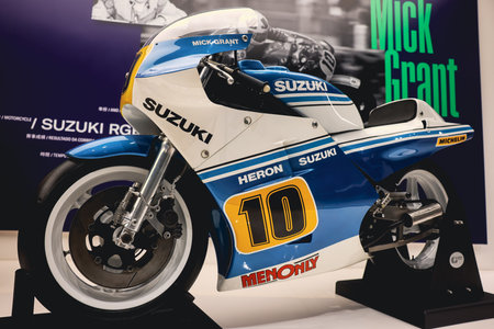 Macao, China - May 20, 2023: Blue and White Motorcycle on Displayのeditorial素材