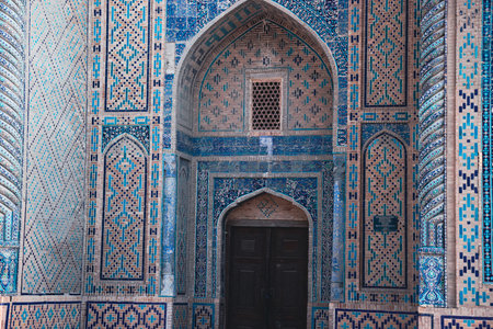 Blue and White Tiled Doorway in Old Madrasah, Bukharaの写真素材