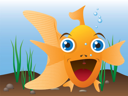 A smilling goldfish looks out from it's aquariumのイラスト素材