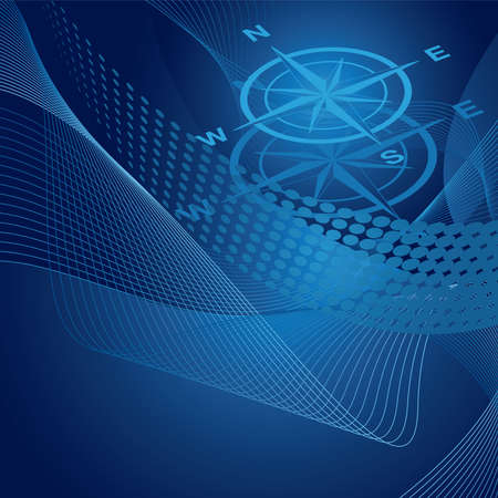 Blue compass on swirls, halftone and gradient background. のイラスト素材