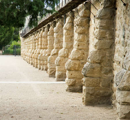 historic brown block boise prison wall in perspectiveの写真素材