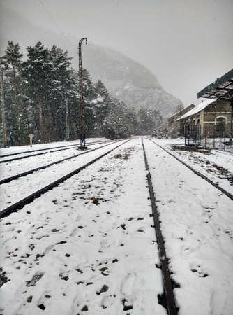 Snowing in Canfranc (Huesca, Spain)の写真素材