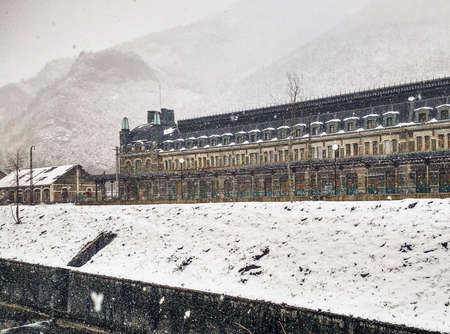 Snowing in Canfranc (Huesca, Spain).の写真素材