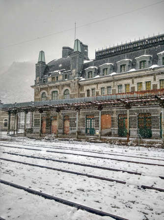 Snowing in Canfranc (Huesca, Spain).の写真素材