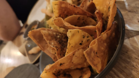 Close up view of chicken nacho tortillaの写真素材