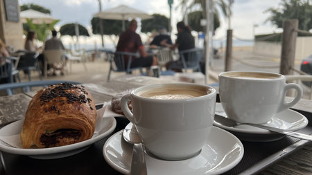 Side view of hot latte coffee with latte.の写真素材