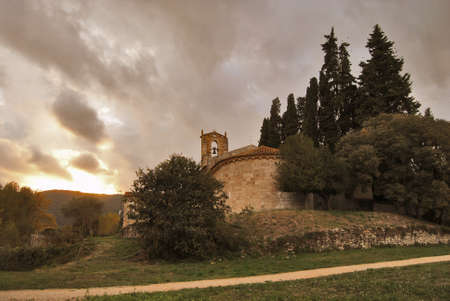 View of the Church of Banyoles lake Catalunyaの写真素材
