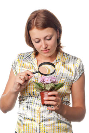 Girl considers violets through a magnifierの写真素材