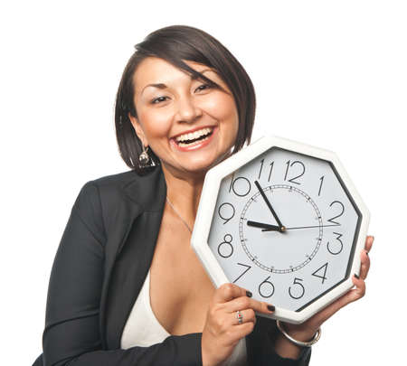 Young businesswoman with a big clock