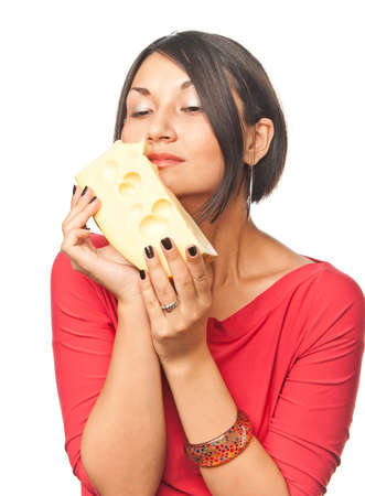 Pretty girl with a big piece of cheeseの写真素材