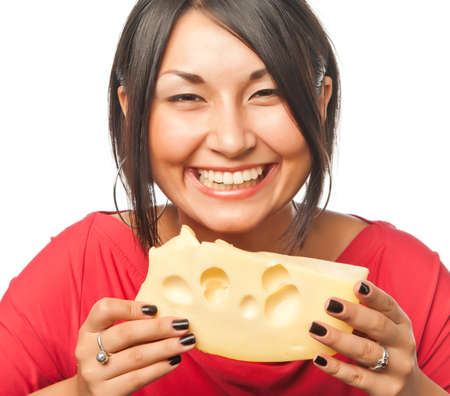 Pretty girl with a big piece of cheeseの写真素材