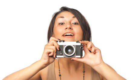 Pretty girl with photo cameraの写真素材