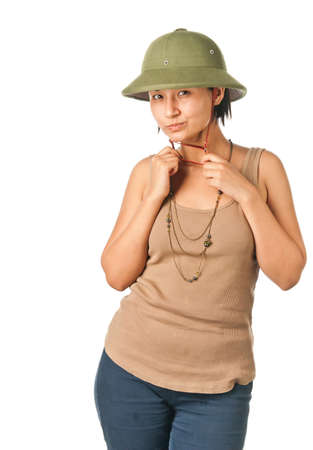 Pretty girl in a pith helmetの写真素材