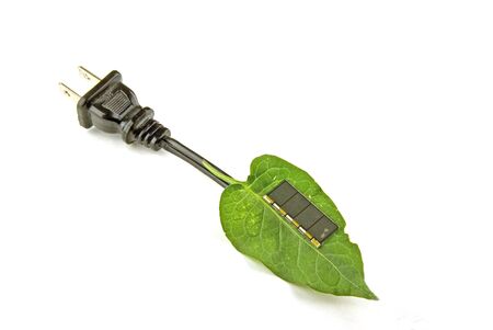 A leaf with a solar cell to make powerの写真素材