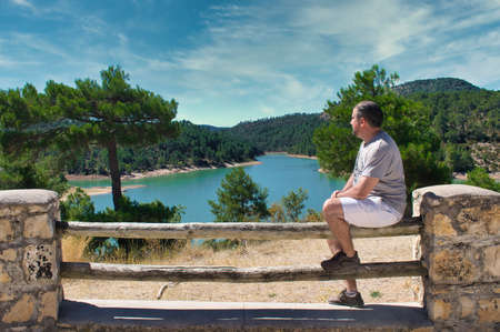 Enjoying the views from the La Toba reservoir viewpoint in Cuencaの写真素材