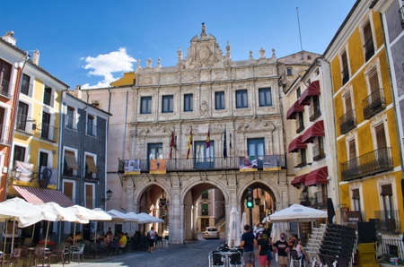 Cuenca City Council with architectural arches over the main square and Alfonso VIII streetの写真素材