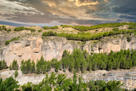 Barranco and Serrania de Cuenca at sunsetの写真素材