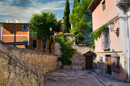 Beautiful corner and square of Trabuco in medieval style in the historic center of Cuenca, Castilla la Manchaの写真素材