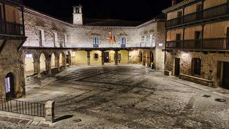 View of the main square of Albarracin illuminated at night, Teruelの写真素材