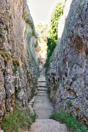 Stairs between rock walls in the natural setting of La Ciudad Encantada, Cuencaの写真素材