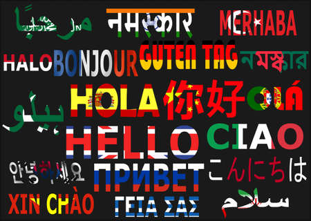 Greeting in different languages with letters filled with flags of the countries of originの写真素材