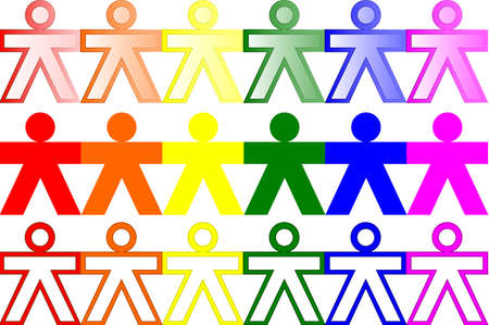 Cutout of classic paper drawing of children holding hands with rainbow colorsのイラスト素材