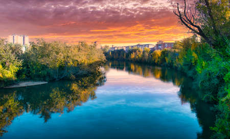 Pisuerga River as it passes through the city of Valladolid, Spainの写真素材