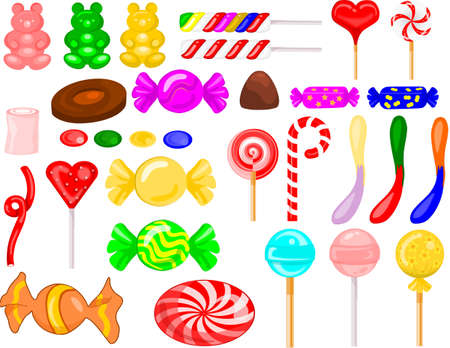 Variety and multitude of different sweet candies in varied packaging and colorsのイラスト素材