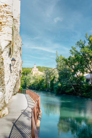 Hiking route along the banks of the JÃºcar river as it passes through the city of Cuenca, Spainの写真素材