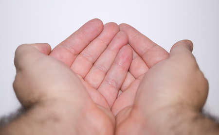 Adult man's hands clasped in the shape of a bowlの写真素材