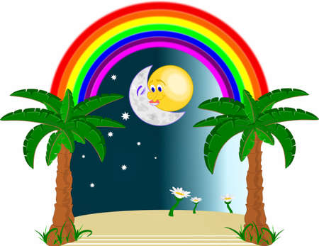 The sun and the moon kissing under a rainbow and between palm treesのイラスト素材