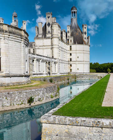 Moat with water in the 17th century Renaissance castle of Chambord, Franceのeditorial素材