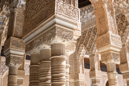 Forest of Nasrid Arabic art columns in the west pavilion of the Alhambra in Granada, Spainのeditorial素材